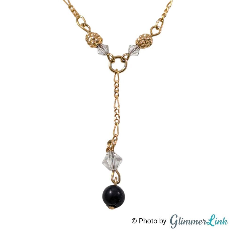 White Stag Gold Tone Y Necklace with Black and Clear Beads